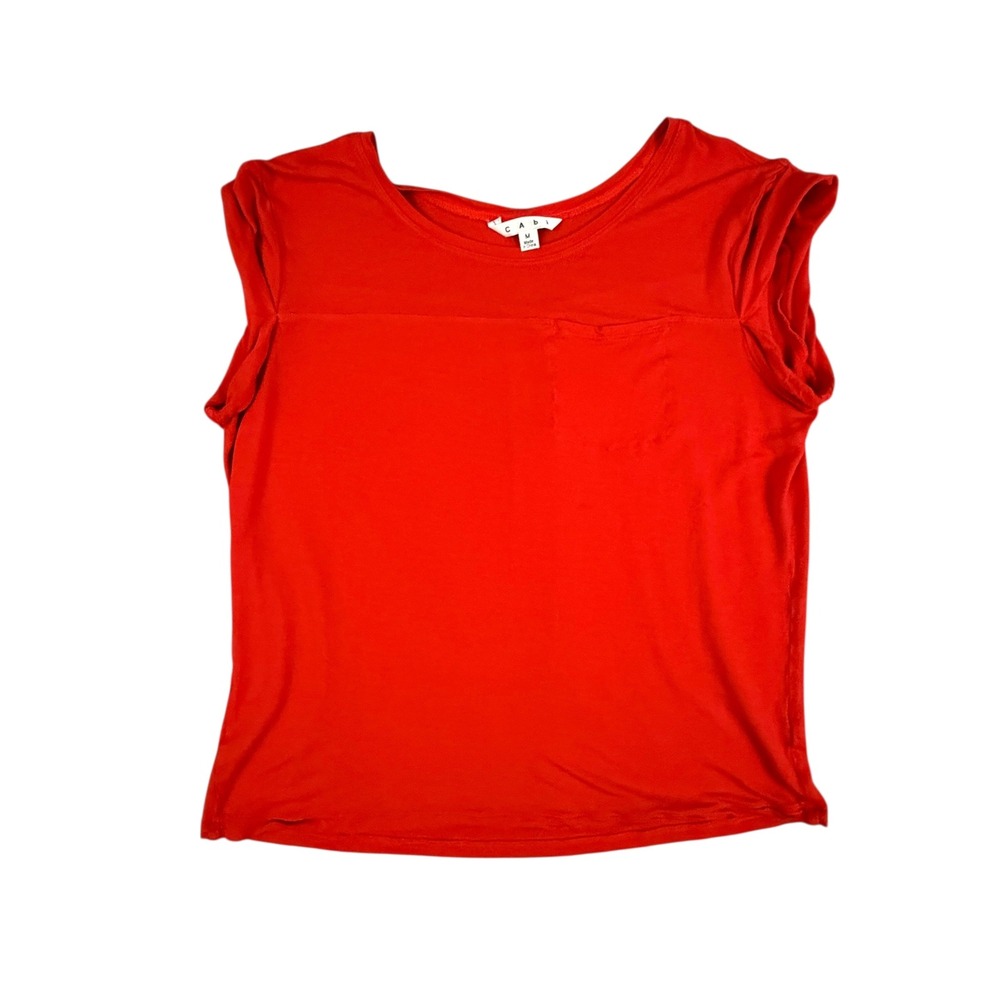 Cabi Top Women's Medium‎ Red Rolled Cap Sleeve Pocket Tee Shirt Jersey Comfort